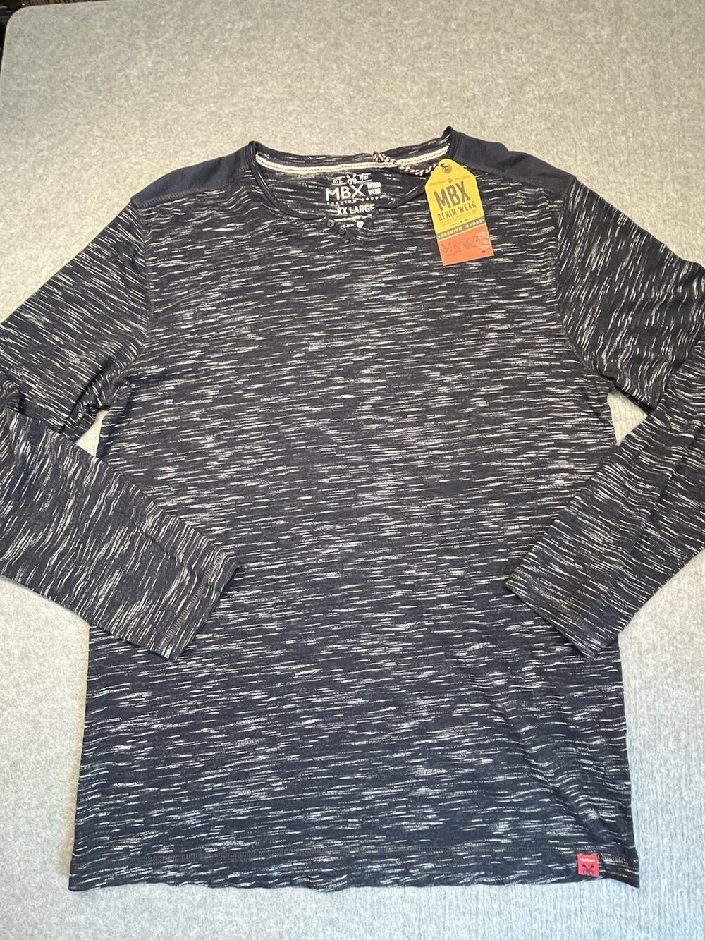 NEW WITH TAGS MBX Denim Wear Mens XXL Navy Space Dye Long Sleeve Henley